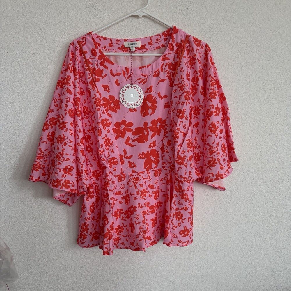 NWT Women's Umgee Red Floral Pink Peplum Blouse Top Bell Sleeves Large